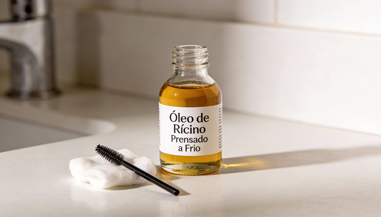 O óleo de rícino para cílios e sobrancelhas é conhecido pela textura densa e pela presença de ácidos graxos, como o ácido ricinoleico