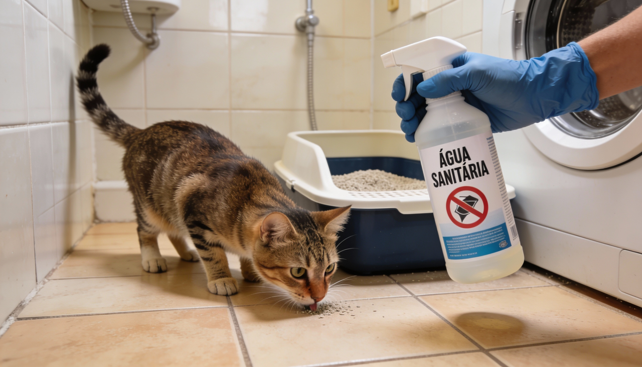 Quando o gato sente o cheiro do cloro no local onde acabou de fazer xixi, ele entende que precisa “cobrir” aquele odor estranho com o dele novamente