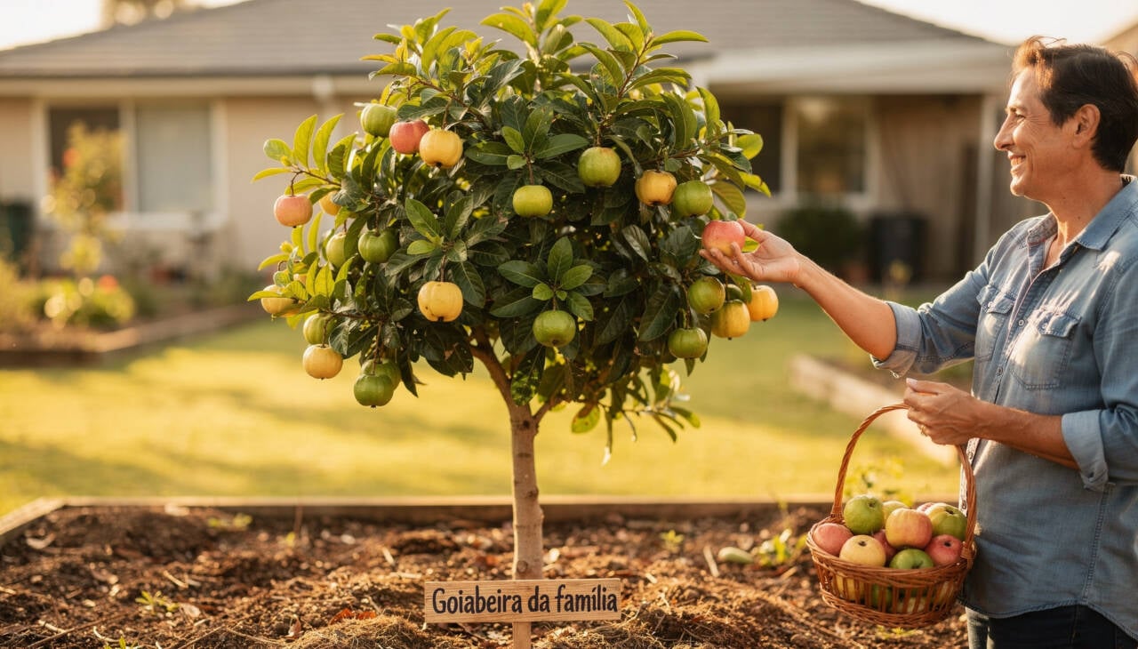 Com altura entre cinco e nove metros quando adulta, a goiabeira apresenta dimensões perfeitamente adequadas a quintais de tamanho médio