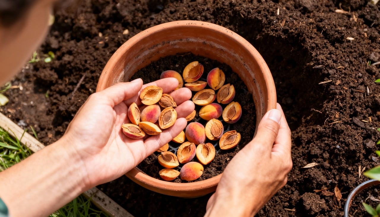 Além do cultivo de árvores, os caroços de pêssego têm aplicações funcionais no manejo de plantas e jardins – Imagens produzidas com uso de Inteligência Artificial