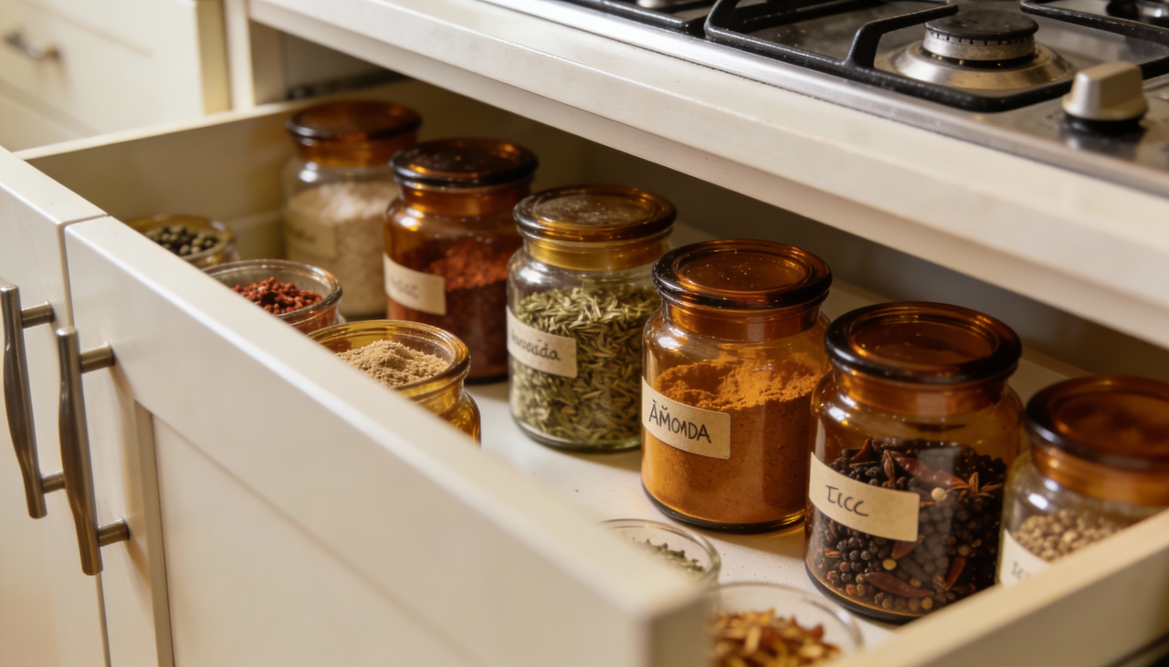 O melhor ambiente para guardar especiarias é um armário fechado, que ofereça proteção contra elementos prejudiciais