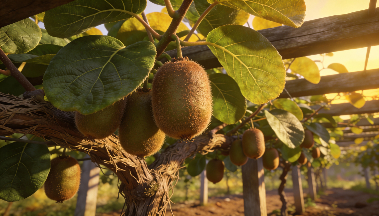 A planta responsável pela produção do kiwi não é propriamente uma árvore, mas sim uma trepadeira do gênero Actinidia