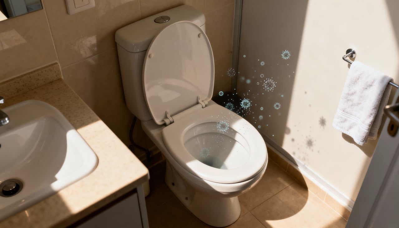 Quando a água desce com força para levar a sujeira embora, ela cria uma turbulência violenta que projeta gotículas minúsculas para fora da bacia