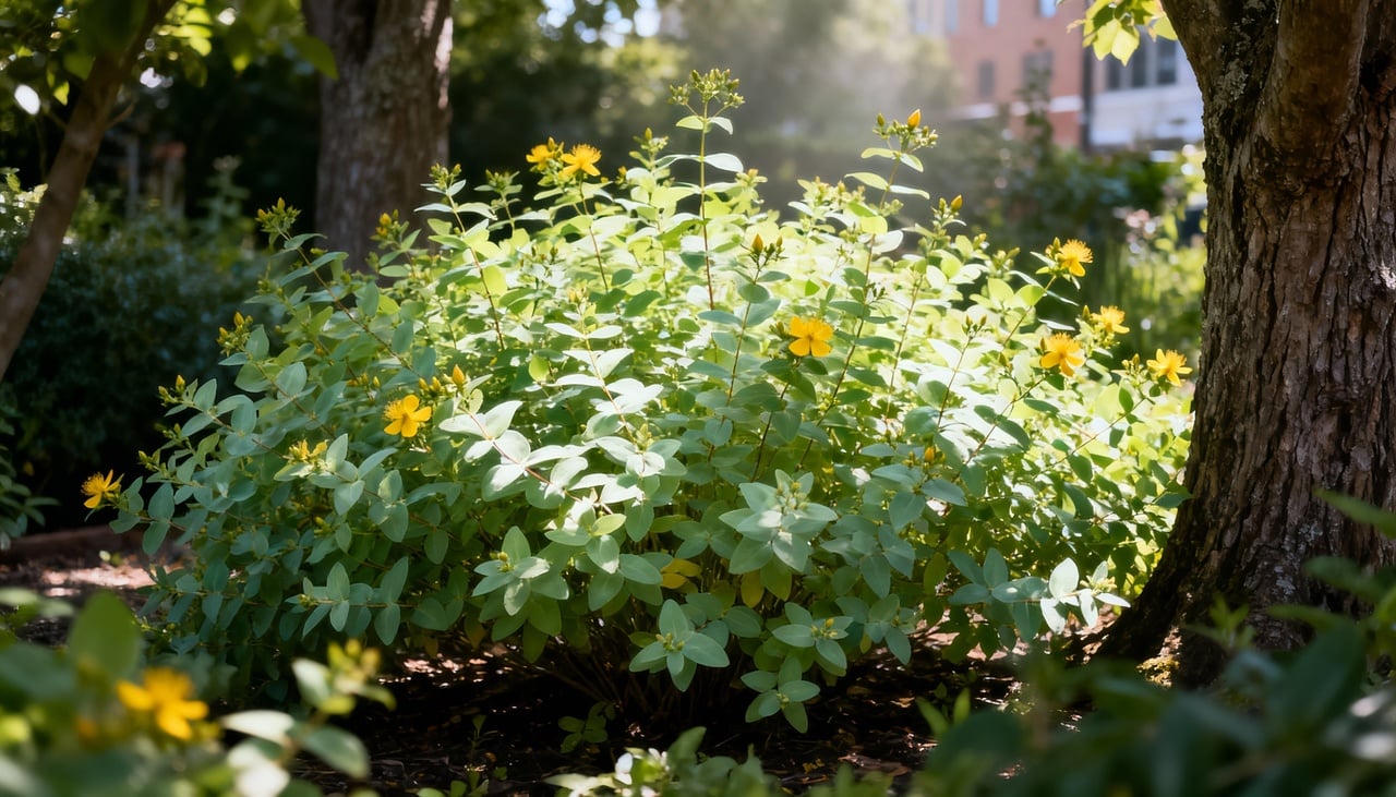 A floração acontece durante o verão com flores amarelas de cinco pétalas que exibem estames verticais múltiplos, criando efeito visual semelhante a pompons delicados