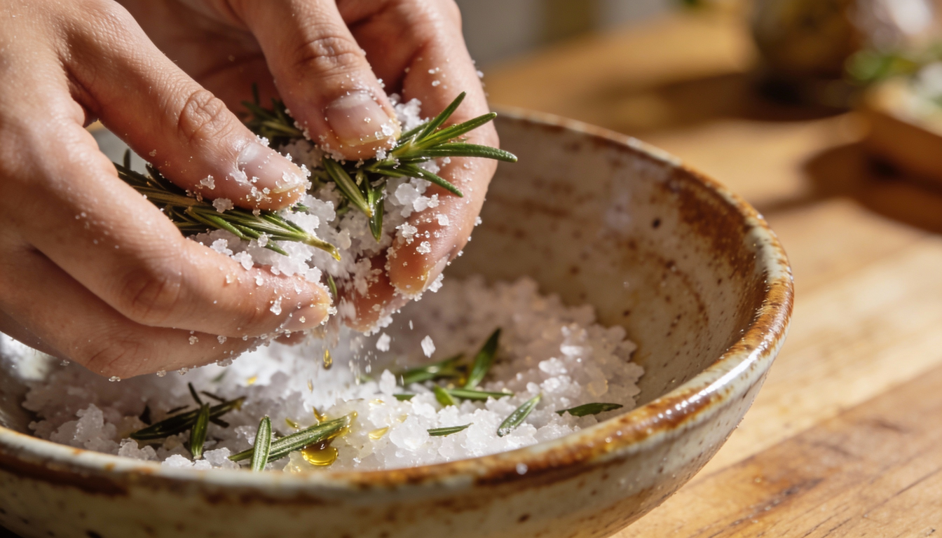 Quando você coloca as folhas de alecrim inteiras no sal, elas permanecem intactas e o aroma que você sente é muito sutil