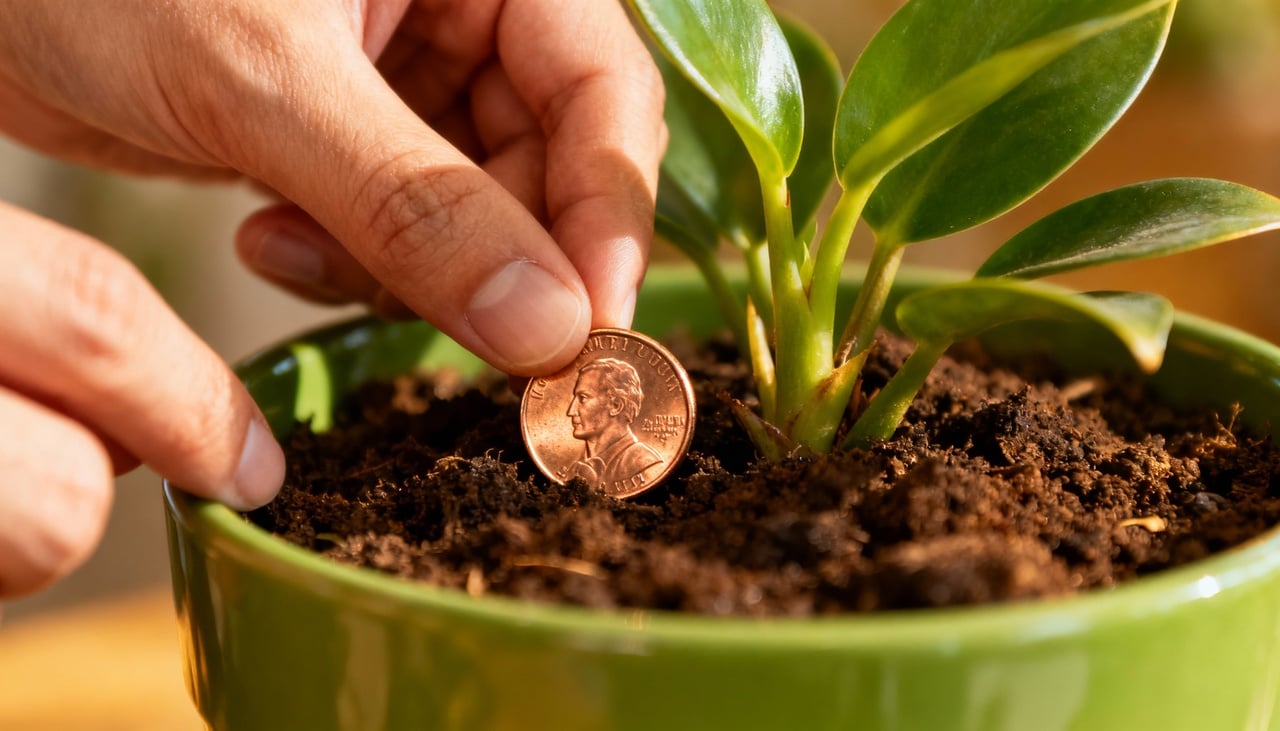 Ao inserir uma moeda de cobre no solo do vaso, é possível notar alterações visíveis na saúde das folhas e no crescimento das plantas