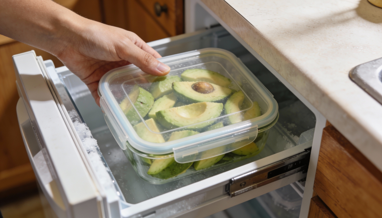 O congelamento interrompe o processo natural de oxidação e decomposição que ocorre rapidamente em abacates expostos ao ar