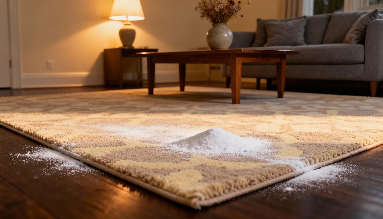 Colocar bicarbonato de sódio sobre o tapete antes de dormir desencadeia um processo de absorção de odores enquanto você descansa