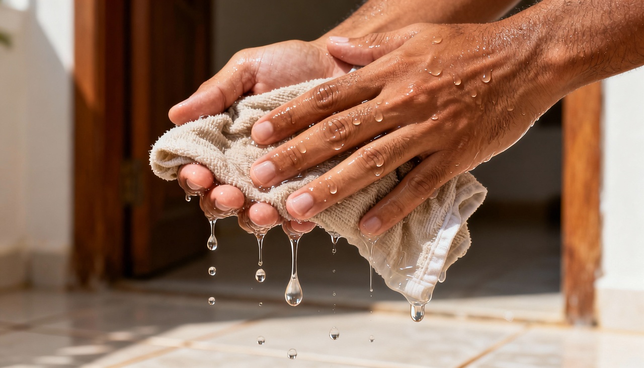 Colocar um pano umedecido com detergente neutro na porta serve como uma barreira que retém parte da sujeira e dos resíduos trazidos do exterior
