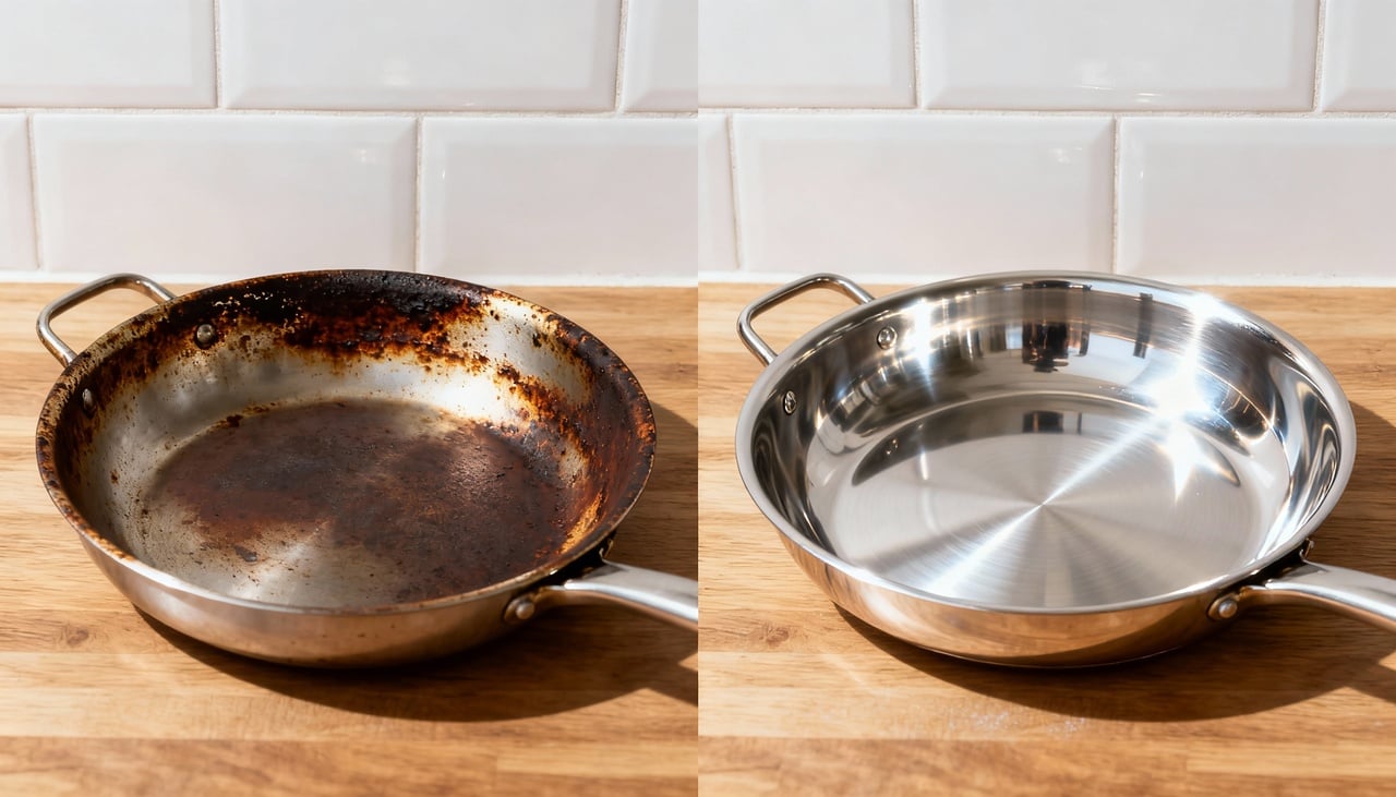 Panelas de diferentes materiais, como inox, alumínio ou até cobre, frequentemente perdem o brilho natural após diversos usos