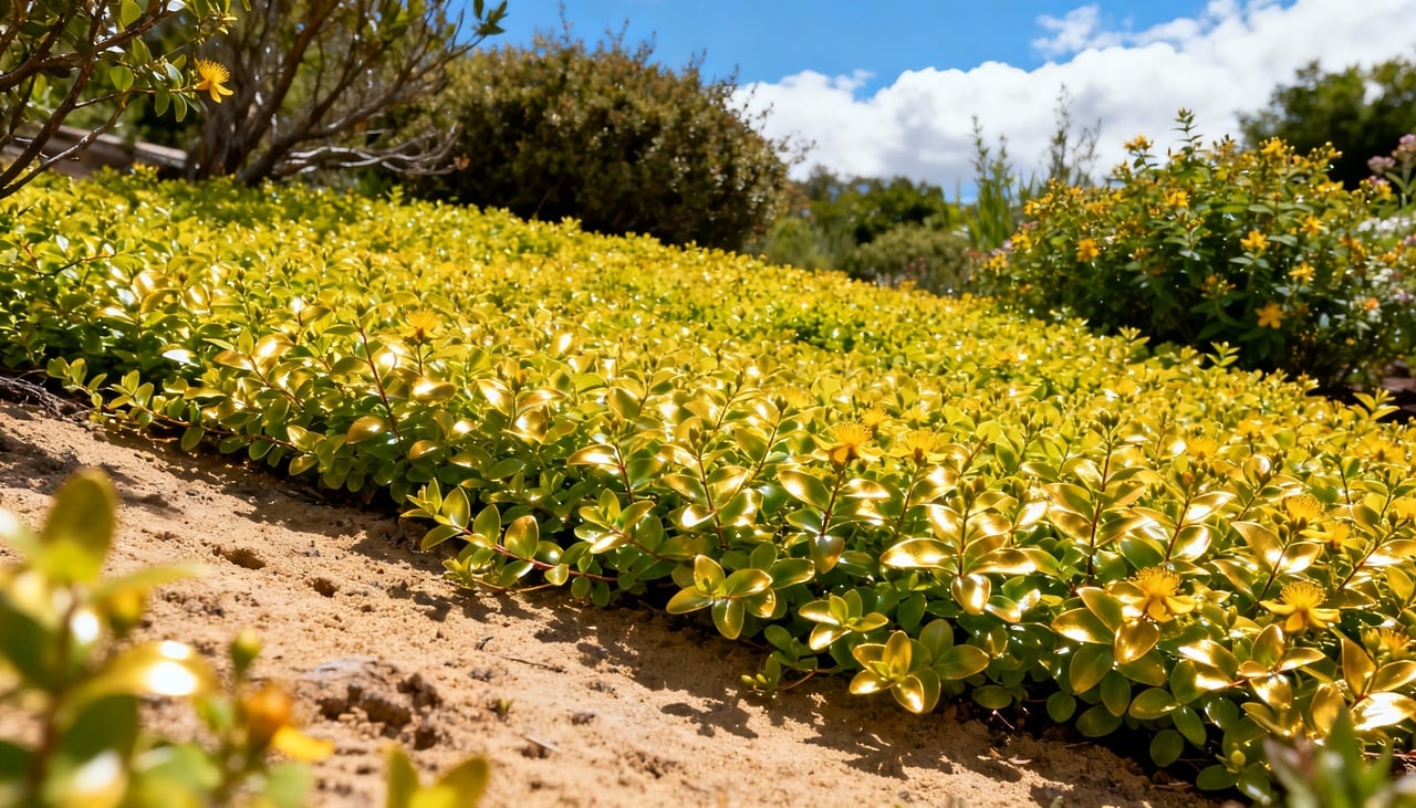 A floração acontece durante o verão com flores amarelas de cinco pétalas que exibem estames verticais múltiplos, criando efeito visual semelhante a pompons delicados