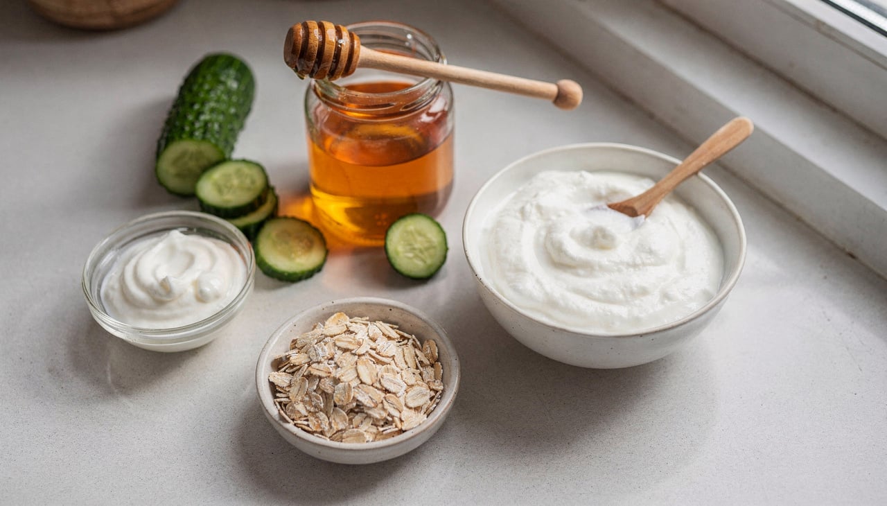 Entre os ingredientes de cozinha mais associados à máscara facial calmante estão itens facilmente encontrados na despensa ou geladeira