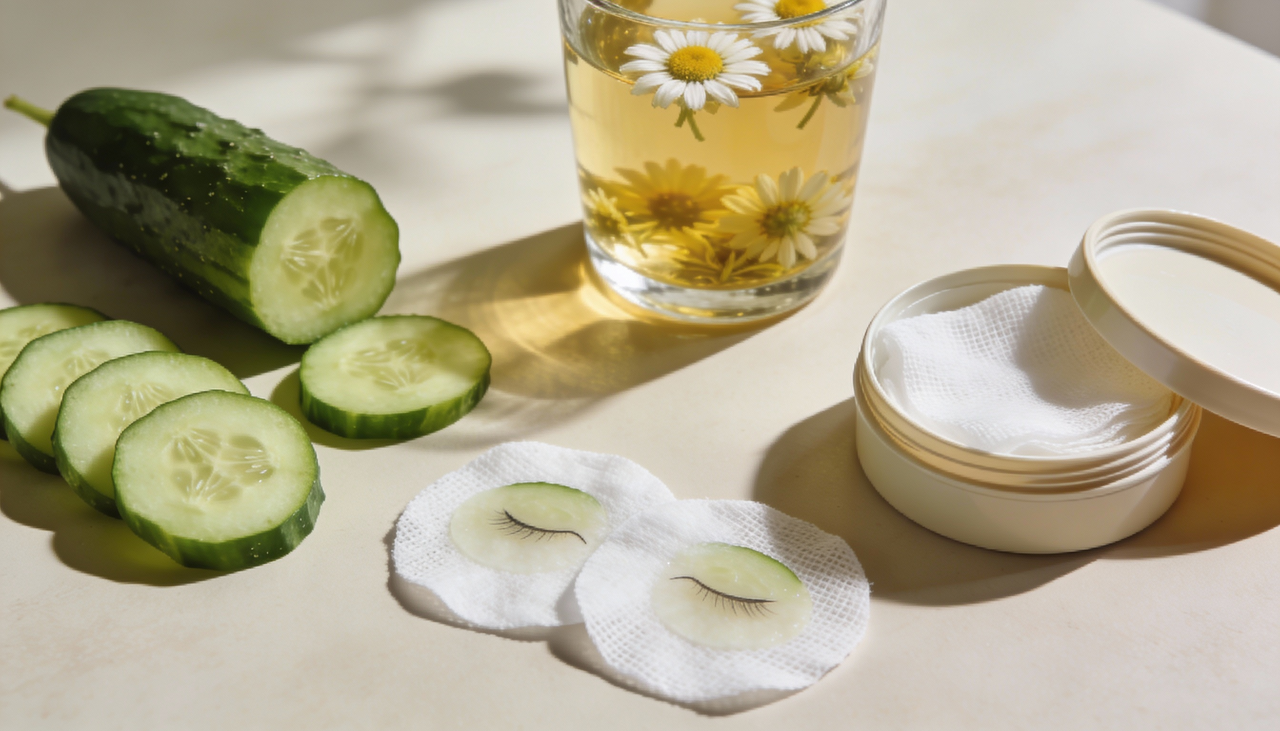 Pepino e camomila contêm flavonoides com ação antioxidante e anti-inflamatória, que auxiliam na proteção da pele contra danos dos radicais livres