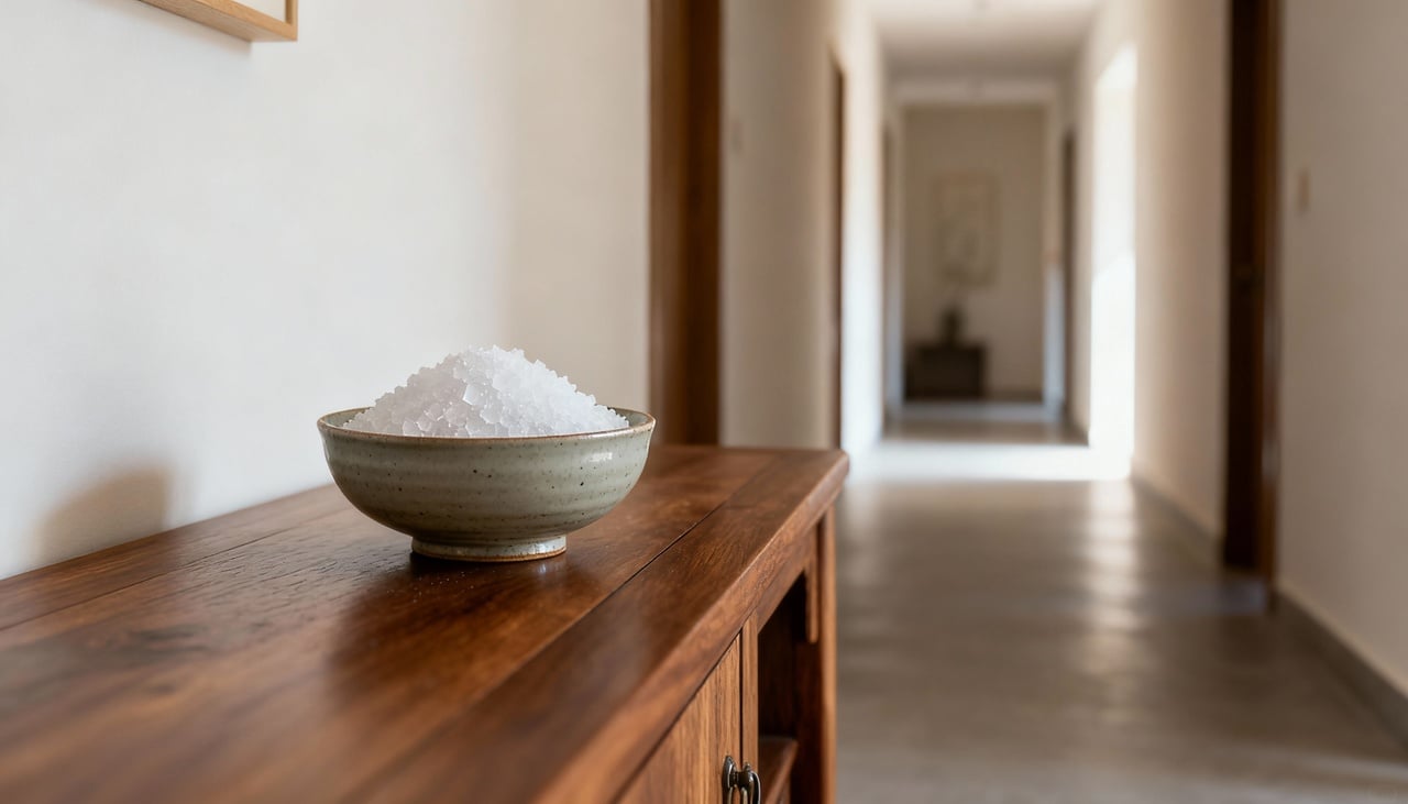 No contexto do Feng Shui, a sal para prosperidade costuma ser disposta em potes de vidro ou de cerâmica, materiais associados à transparência e firmeza – Imagens produzidas com uso de Inteligência Artificial