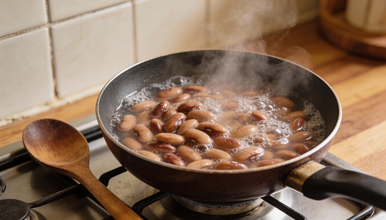 Quando você retira o feijão da água quente e o coloca em contato direto com a água fria, ocorre uma pequena contração nas fibras