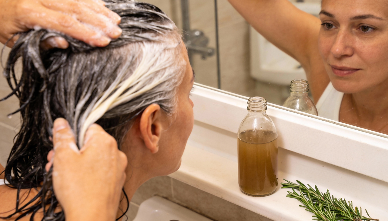 O preparo do enxágue de bicarbonato de sódio e alecrim para cabelos brancos é simples e segue um passo a passo caseiro