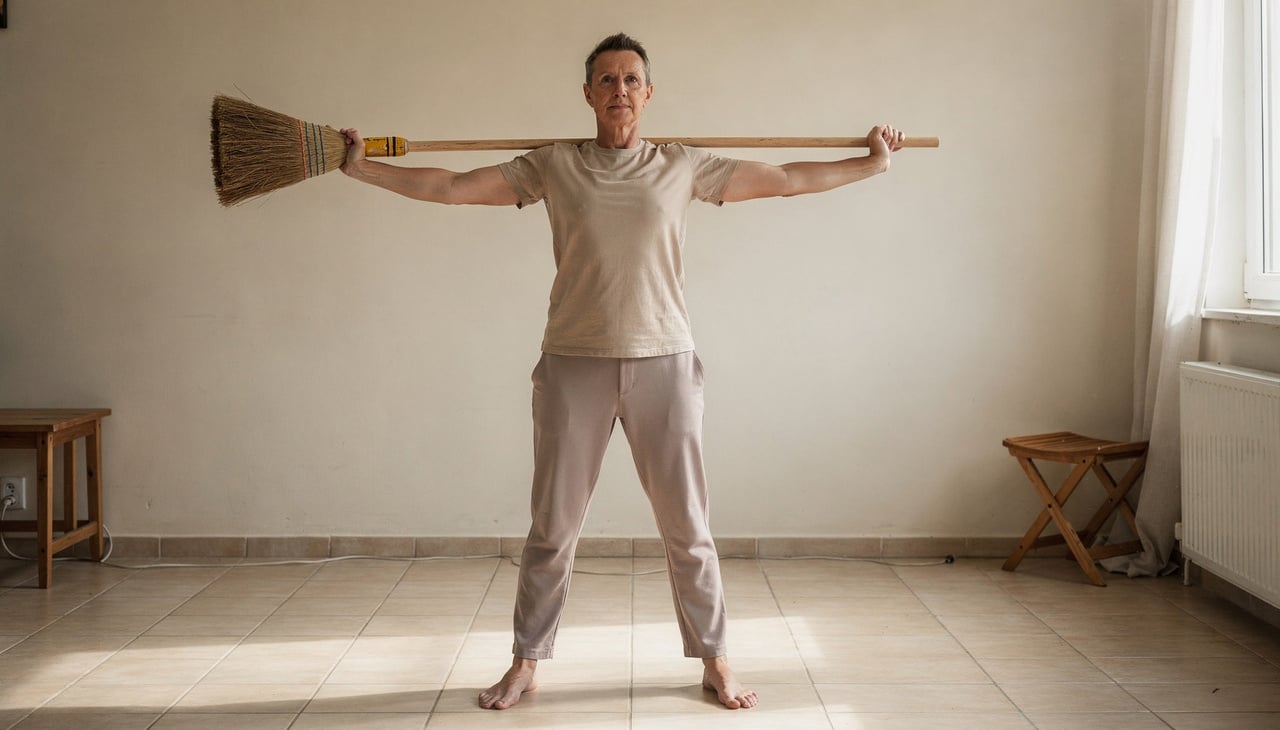 O cabo de vassoura funciona como um guia para manter os braços e os ombros na posição correta durante o movimento