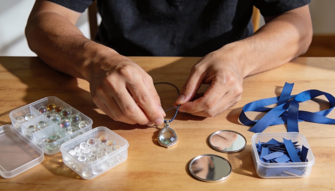 Para montar um amuleto de proteção com contas de vidro, fitas azuis e espelhos, o primeiro passo é separar os materiais e pensar em um desenho básico