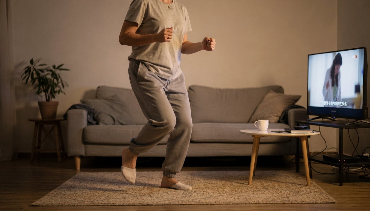 A marcha estacionária é o exercício perfeito para esses momentos, pois você mantém o olhar na tela enquanto simula uma caminhada sem sair do lugar