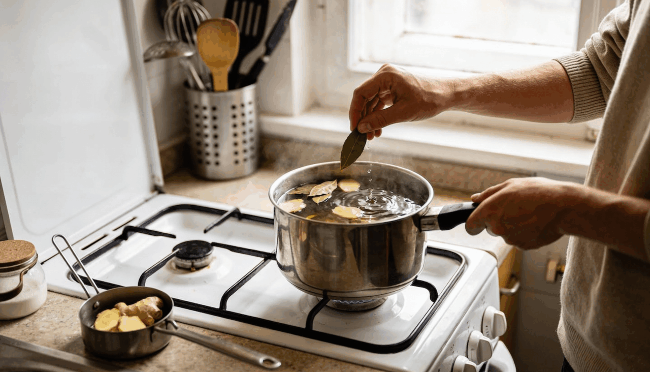 A expressão chá de louro com gengibre costuma estar associada a auxílio digestivo leve e sensação de aquecimento corporal