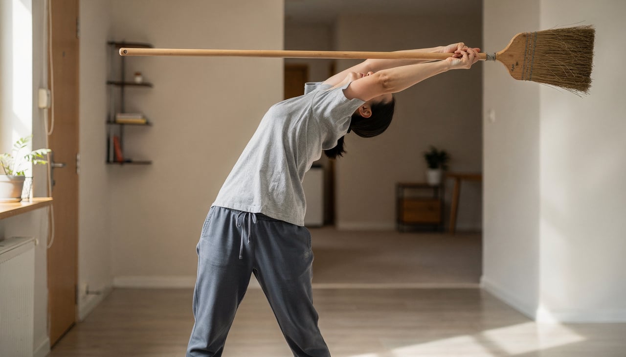 O cabo de vassoura funciona como um guia para manter os braços e os ombros na posição correta durante o movimento