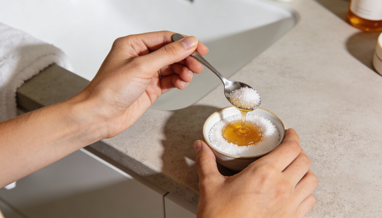 O esfoliante de açúcar e mel atua de forma mecânica, em que a remoção das células mortas acontece por atrito