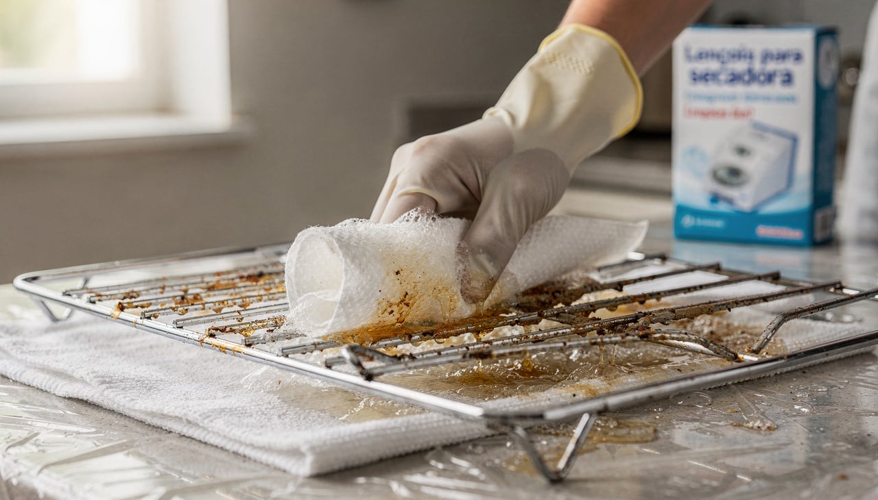 Para testar o uso de folhas macias para secadora na limpeza das grades do forno