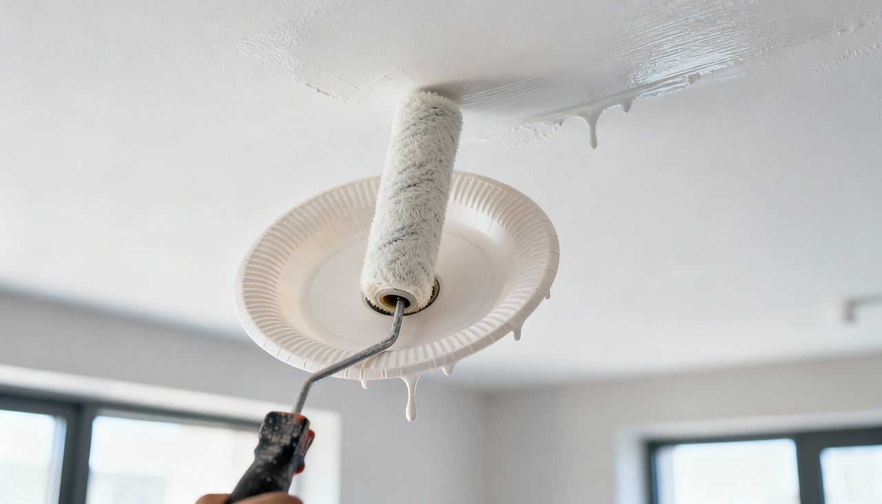 A técnica gira em torno da ideia de pintar teto sem respingar usando um prato descartável como escudo – Imagens produzidas com uso de Inteligência Artificial