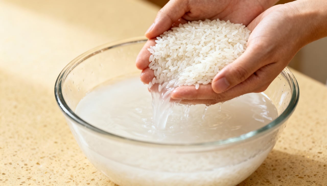 A água de arroz é o líquido obtido ao lavar ou cozinhar o arroz, rico em substâncias que migram do grão para a água – Imagens produzidas com uso de Inteligência Artificial