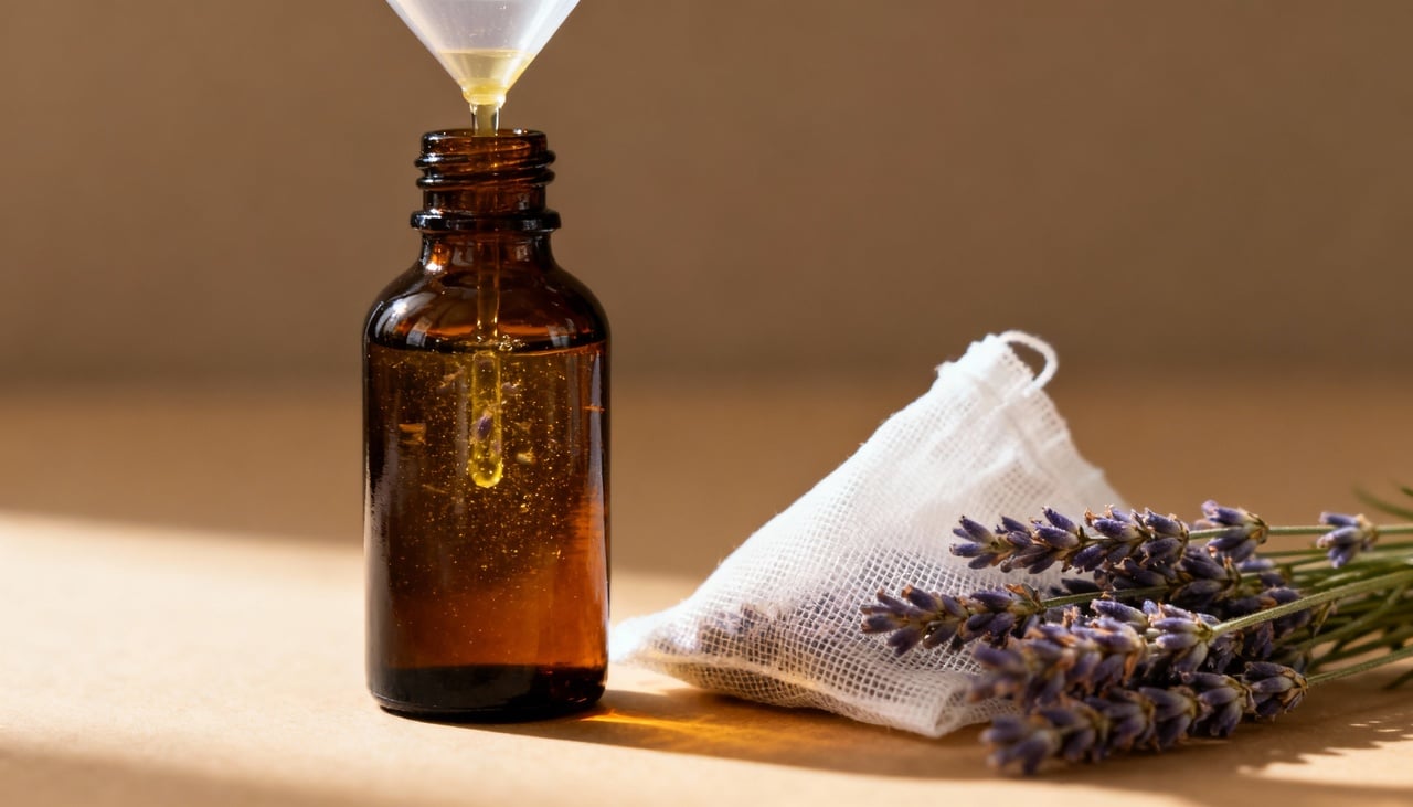 O óleo essencial de lavanda é um extrato aromático concentrado obtido das flores da planta Lavandula