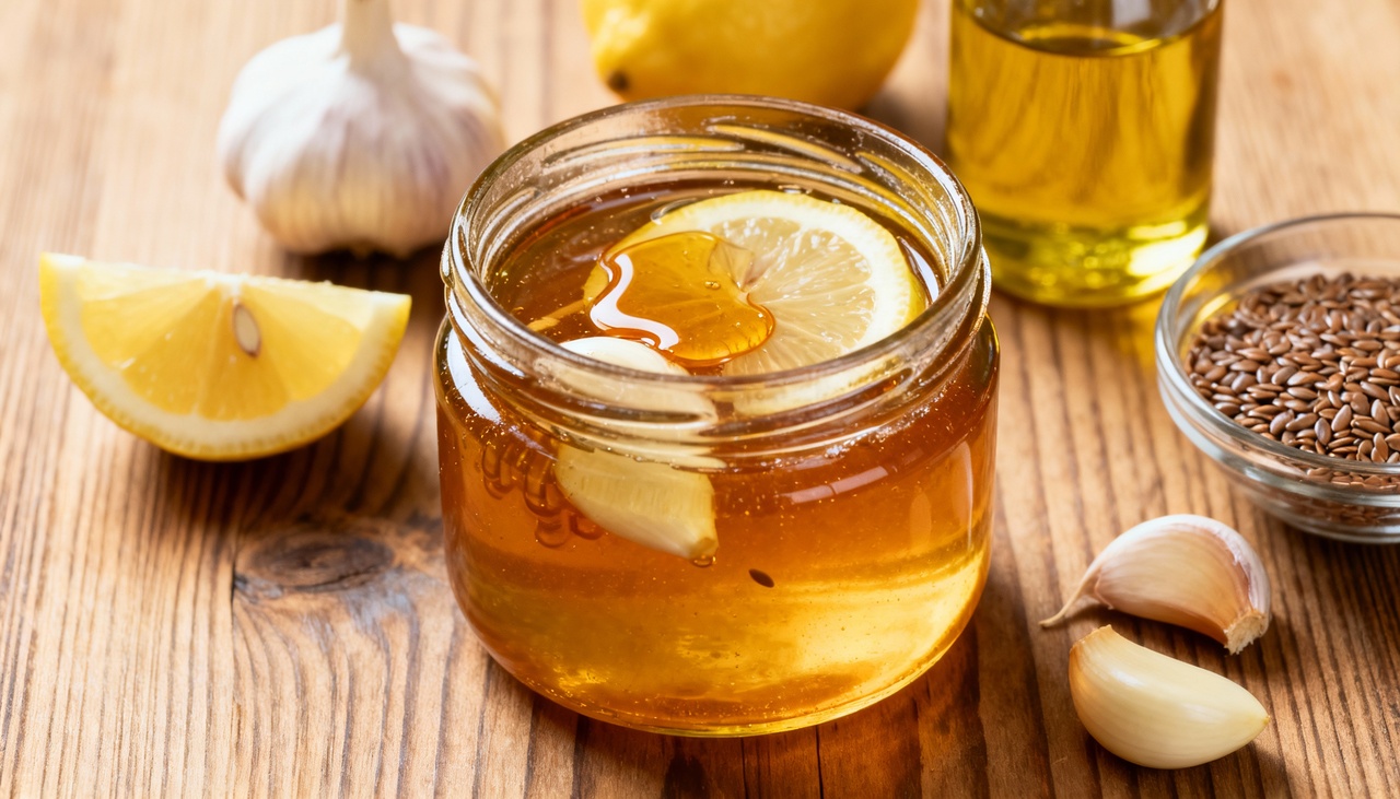 A receita do elixir da juventude com mel, limão, alho e óleo de linhaça é simples