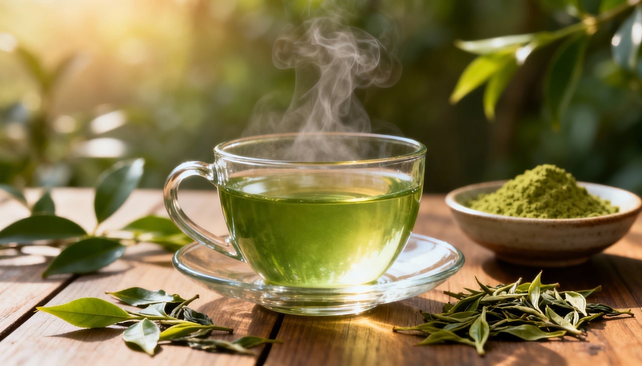 Ao fortalecer a barreira intestinal e contribuir para um ambiente menos inflamado, o chá verde pode atuar, de forma indireta, na prevenção de condições que encurtam a expectativa de vida – Imagens produzidas com uso de Inteligência Artificial