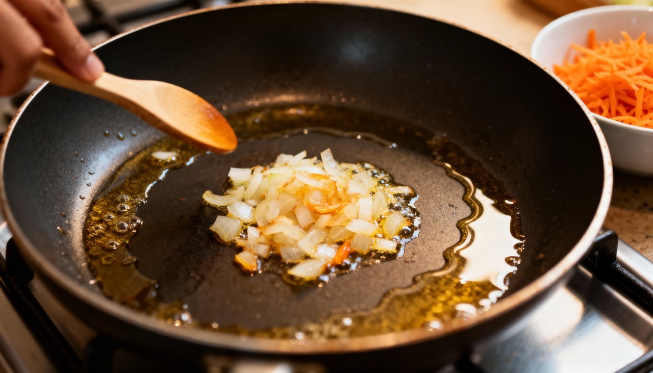 A cebola deve ser o primeiro ingrediente a ir para a panela com óleo quente – Imagens produzidas com uso de Inteligência Artificial