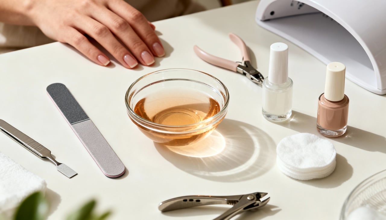 Para que a manicure em casa fique bem feita, o primeiro passo é separar os materiais necessários – Imagens produzidas com uso de Inteligência Artificial