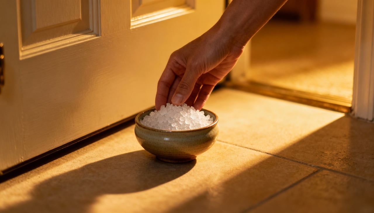 Para quem segue os princípios do Feng Shui com sal na entrada, a recomendação geral é que o ritual seja simples e discreto – Imagens produzidas com uso de Inteligência Artificial