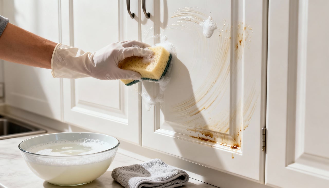 O primeiro passo para renovar armários de cozinha é uma limpeza profunda, mesmo que à primeira vista eles não pareçam tão sujos – Imagens produzidas com uso de Inteligência Artificial