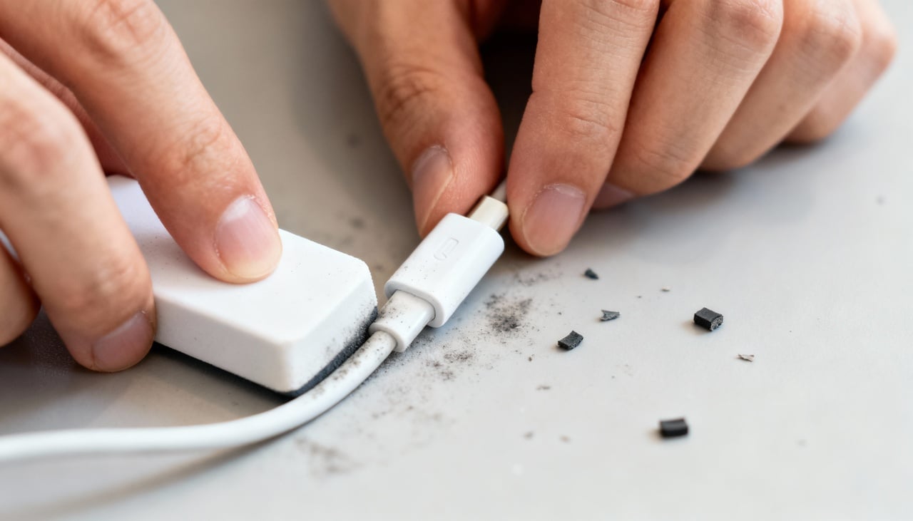 O material emborrachado dos cabos é poroso e absorve a oleosidade natural das mãos, que retém partículas de sujeira do ambiente – Imagens produzidas com uso de Inteligência Artificial