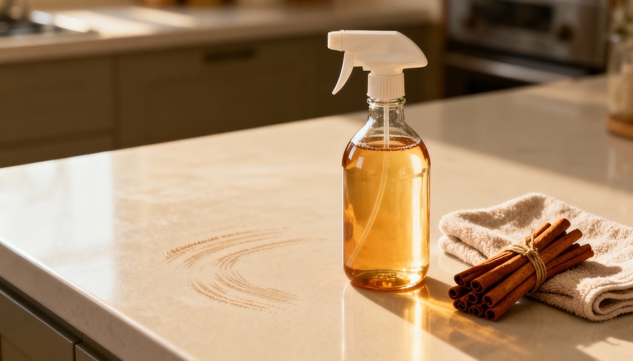 A mistura de vinagre e canela para limpeza é um preparado líquido simples, feito com vinagre branco, água e canela em pau ou em pó – Imagens produzidas com uso de Inteligência Artificial