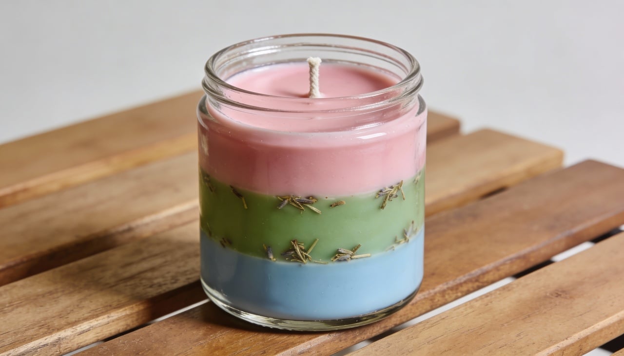 Velas de intenção em camadas são velas artesanais produzidas com mais de uma cor, aroma e, às vezes, com ervas diferentes em cada parte