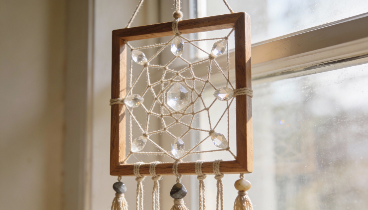 A montagem de um filtro dos sonhos quadrado ou hexagonal com linhas modernas e pedras naturais exige planejamento