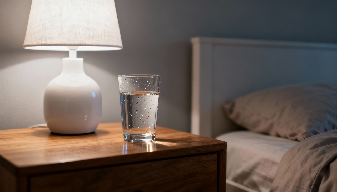 Para quem costuma pensar demais antes de dormir, a água ao alcance das mãos transmite sensação de prontidão e segurança