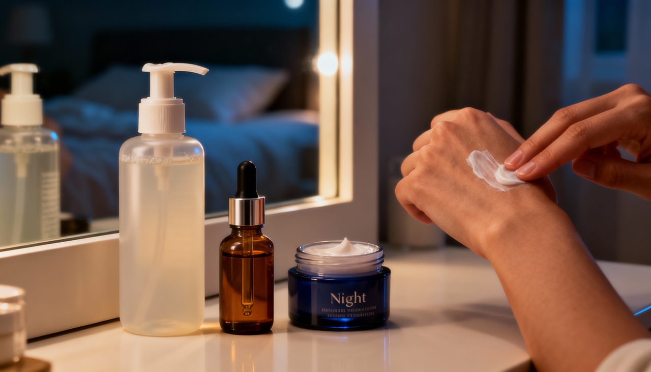 Um skincare noturno poderoso é um conjunto de etapas pensado para apoiar a regeneração da pele enquanto a pessoa dorme – Imagens produzidas com uso de Inteligência Artificial