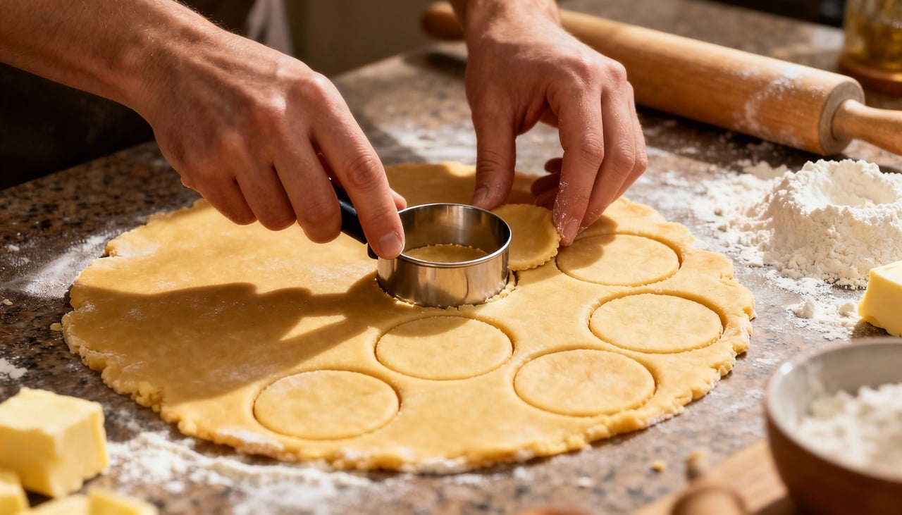 O processo começa dobrando cada massa folhada ao meio sobre si mesma, criando dupla camada que garante estrutura resistente aos recheios