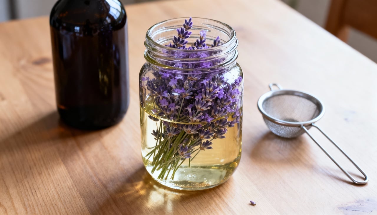 O óleo essencial de lavanda é um extrato aromático concentrado obtido das flores da planta Lavandula