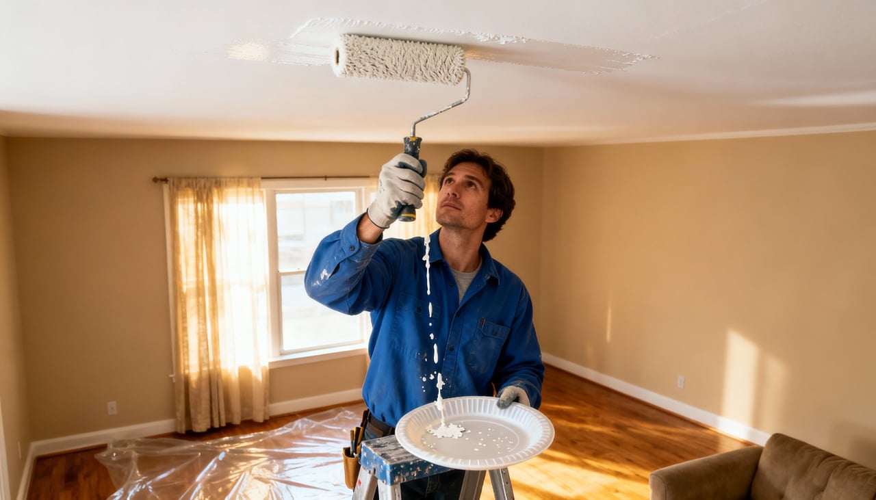 A técnica gira em torno da ideia de pintar teto sem respingar usando um prato descartável como escudo – Imagens produzidas com uso de Inteligência Artificial