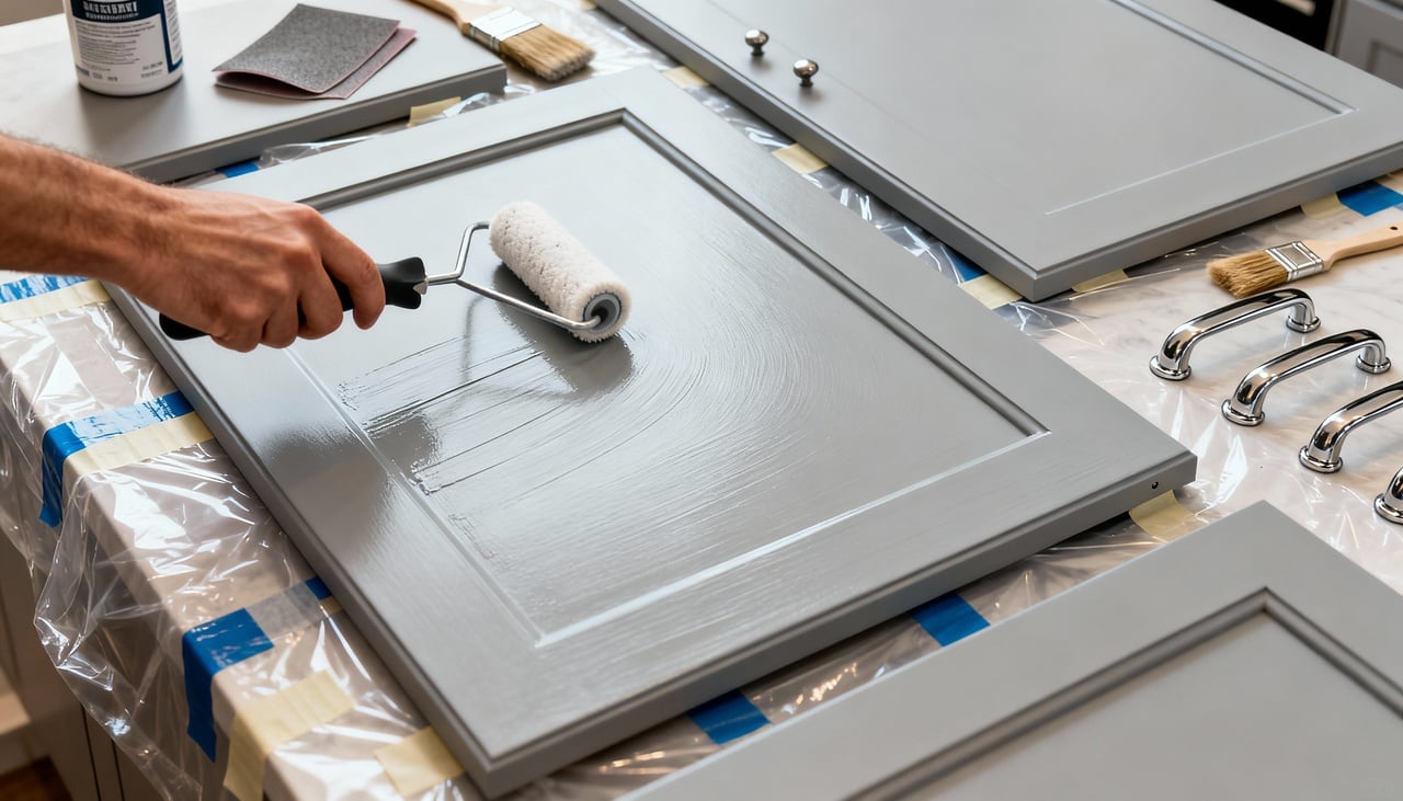 O primeiro passo para renovar armários de cozinha é uma limpeza profunda, mesmo que à primeira vista eles não pareçam tão sujos – Imagens produzidas com uso de Inteligência Artificial