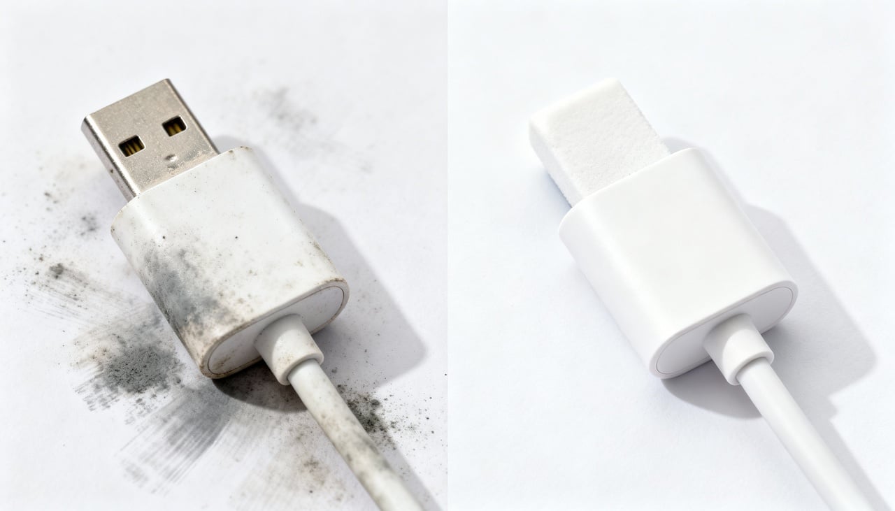 O material emborrachado dos cabos é poroso e absorve a oleosidade natural das mãos, que retém partículas de sujeira do ambiente – Imagens produzidas com uso de Inteligência Artificial