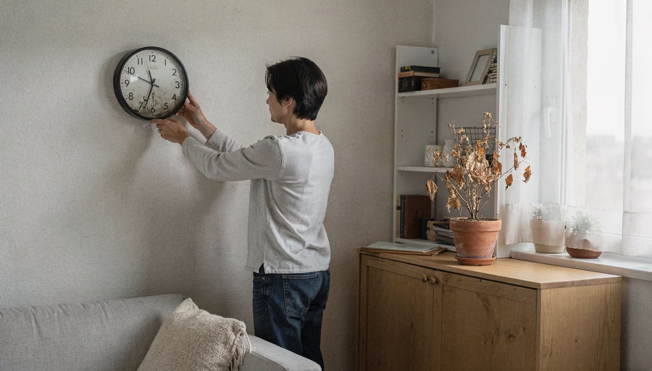 O tempo precisa fluir para que os projetos pessoais avancem, e um relógio sem bateria atua como um poderoso símbolo de paralisia