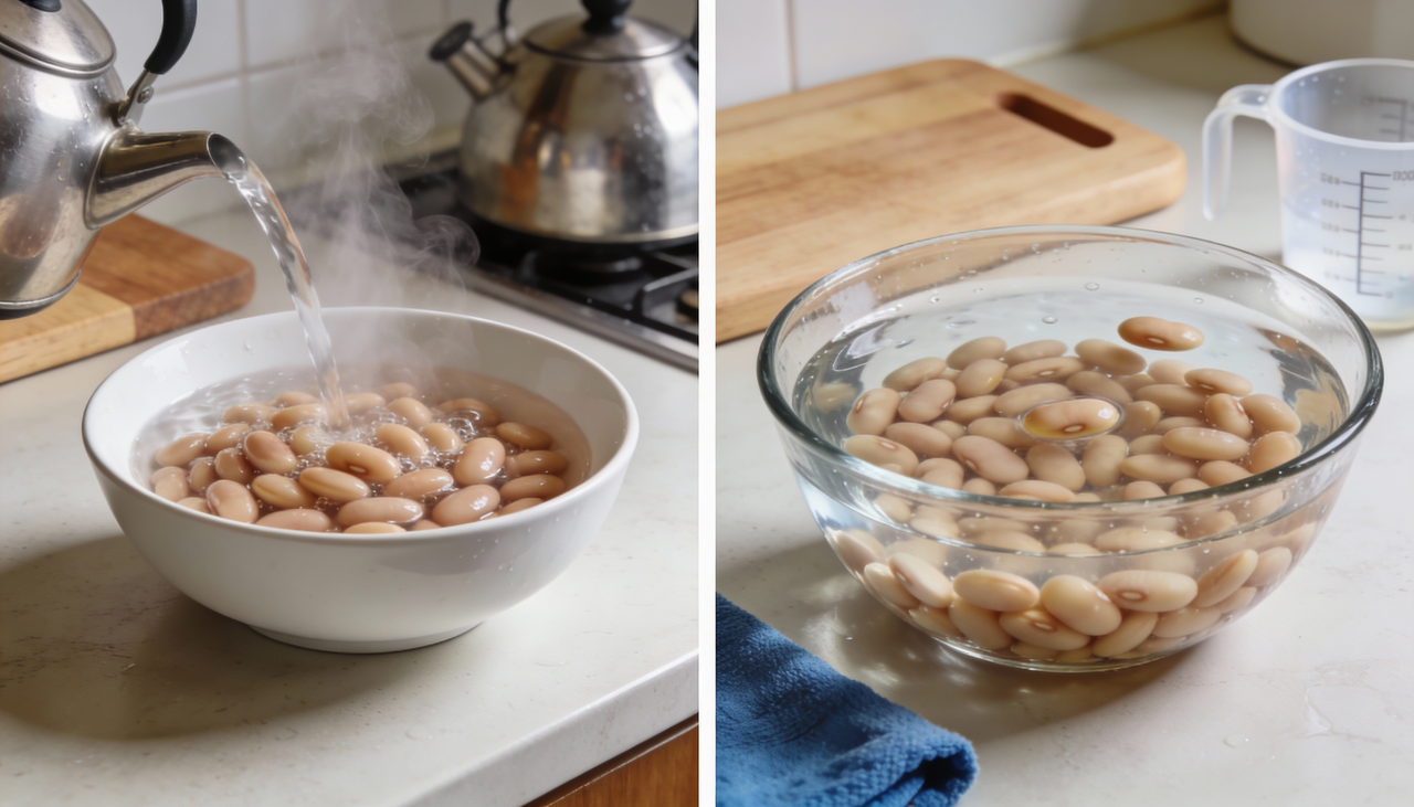 Quando você retira o feijão da água quente e o coloca em contato direto com a água fria, ocorre uma pequena contração nas fibras
