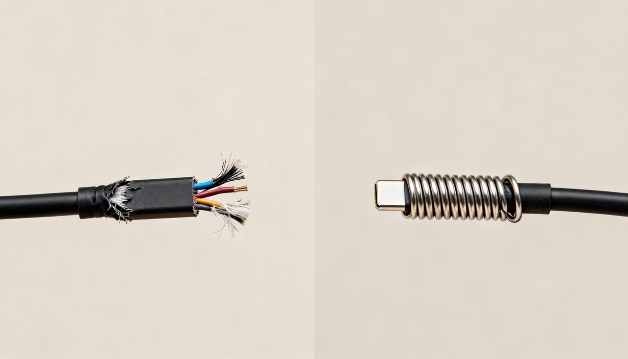 A região onde o fio se conecta ao plugue é o ponto mais vulnerável do carregador devido à flexão constante durante o uso diário – Imagens produzidas com uso de Inteligência Artificial